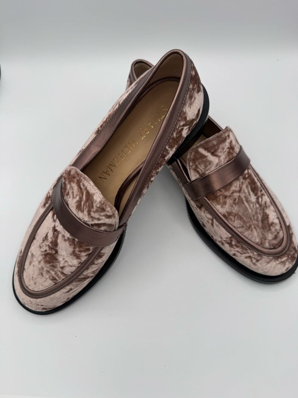 Stuart Weitzman crushed rose gold/blush velvet and leather loafers